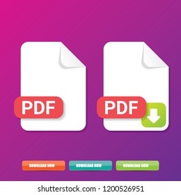 vector flat PDF file icon and vector pdf download icon set isolated on violet background. Vector document or presentation icon design template for web site or mobile app