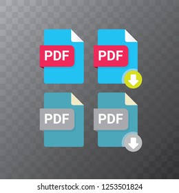 vector flat PDF file icon and vector pdf download icon set isolated on transparent background. Vector document or presentation icon design template for web site or mobile app
