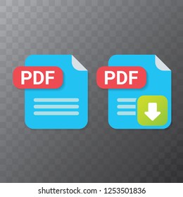 vector flat PDF file icon and vector pdf download icon set isolated on transparent background. Vector document or presentation icon design template for web site or mobile app