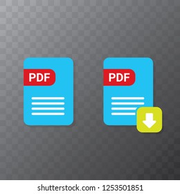 vector flat PDF file icon and vector pdf download icon set isolated on transparent background. Vector document or presentation icon design template for web site or mobile app