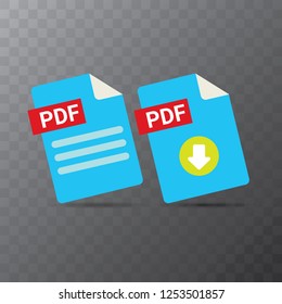vector flat PDF file icon and vector pdf download icon set isolated on transparent background. Vector document or presentation icon design template for web site or mobile app