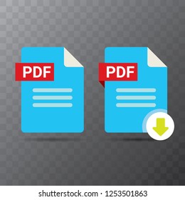 vector flat PDF file icon and vector pdf download icon set isolated on transparent background. Vector document or presentation icon design template for web site or mobile app