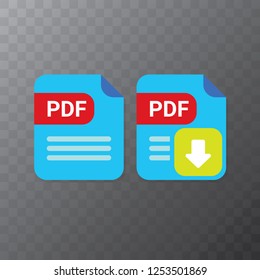 vector flat PDF file icon and vector pdf download icon set isolated on transparent background. Vector document or presentation icon design template for web site or mobile app