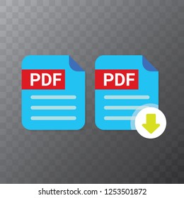 vector flat PDF file icon and vector pdf download icon set isolated on transparent background. Vector document or presentation icon design template for web site or mobile app