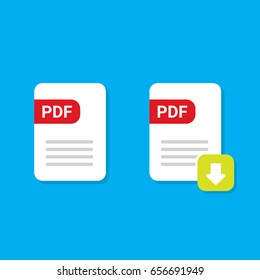 vector flat PDF file icon and vector pdf download icon set isolated on blue background.  Vector document or presentation icon design template for web site or mobile app