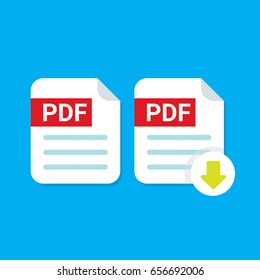 vector flat PDF file icon and vector pdf download icon set isolated on blue background.  Vector document or presentation icon design template for web site or mobile app