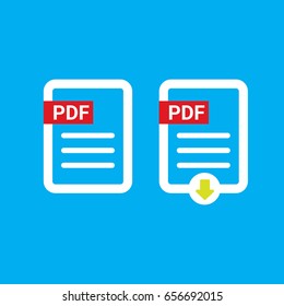 vector flat PDF file icon and vector pdf download icon set isolated on blue background.  Vector document or presentation icon design template for web site or mobile app