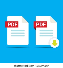 vector flat PDF file icon and vector pdf download icon set isolated on blue background.  Vector document or presentation icon design template for web site or mobile app