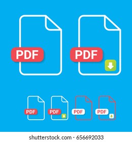 vector flat PDF file icon and vector pdf download icon set isolated on blue background.  Vector document or presentation icon design template for web site or mobile app