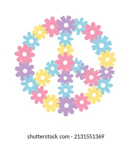 Vector flat peace sign with flowers isolated on white background