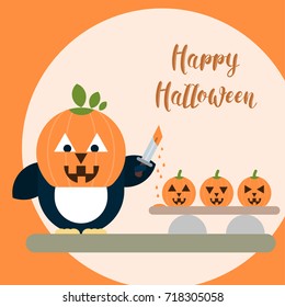 Vector flat penguin character with carved pumpkin on the head with knife and three pumpkins on the table. Flat illustration of Halloween card template.