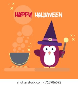Vector flat penguin character stylized as witch with magic stick and with pot. Modern flat template of Halloween card.