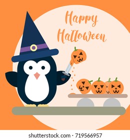 Vector flat penguin character stylized as witch with knife and with carved pumpkins. Flat illustration of Halloween card template.