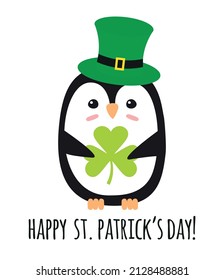 Vector flat penguin with leprechaun hat trefoil and happy st Patrick day isolated on white background