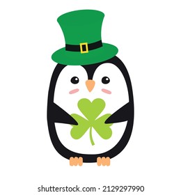 Vector flat penguin with leprechaun hat and trefoil isolated on white background