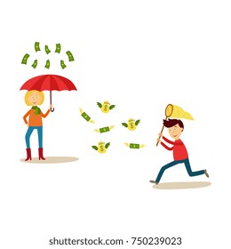 vector flat people catching money scenes set. Man running for flying dollar notes with wings with butterfly net, woman in casual clothing standing under money rain with umbrella. Isolated illustration