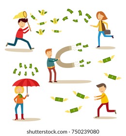 vector flat people catching money scenes set. Men and women catching money by butterfly net, running for dollars, attracting it my magnet standing under money rain with umbrella. Isolated illustration