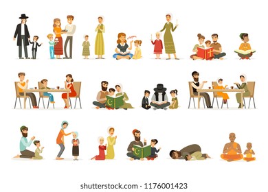 Vector flat people characters of different religions set. Jews, Catholics, Muslims, Buddhists. Families in national costumes that pray, read holy books, celebrate holidays.