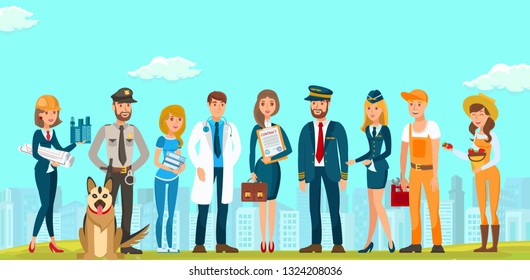 Vector Flat People Men and Women Different Specialties. Builders Designers Guard with Dog Young Lawyer Doctor Woman in Blue Dress with Contract Briefcase. Documents Pilot Flight Attendant Plumber .