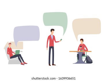 Vector flat people with phone, laptop and message bubbles.