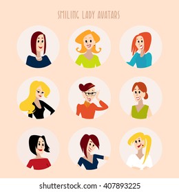 Vector flat people portrait. Smiling human icon. Human avatar. Simple cute character. Cute friendly people. Profession icon. Woman icon, young attractive lady icon, girl icon. Blonde, red, black hair.