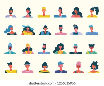 Vector flat people portraits. Smiling human icon. Human avatar. Simple cute characters. Cute friendly people. Man, boy icon. Woman, lady, young girl icon isolated on light background.