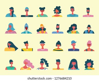 Vector flat people portraits. Smiling human icon. Human avatar. Simple cute characters. Cute friendly people. Man, boy icon. Woman, lady, young girl icon isolated on light background.