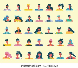 Vector flat people portraits. Smiling human icon. Human avatar. Simple cute characters. Cute friendly people. Man, boy icon. Woman, lady, young girl icon isolated on light background.