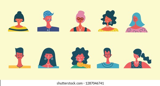 Vector flat people portraits. Smiling human icon. Human avatar. Simple cute characters. Cute friendly people. Man, boy icon. Woman, lady, young girl icon isolated on light background