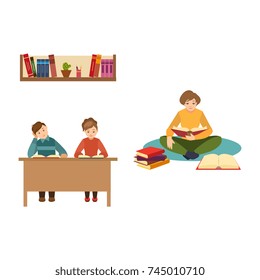 vector flat people reading books. Beautiful adult woman and man in casual clothing sitting at desk, girl sitting at floor sit cross-legged near bookshelf at home, library . Isolated illustration