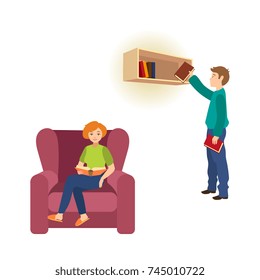 vector flat people reading books set. Beautiful adult woman in casual clothing sitting at armchair holding book, man putting book on bookshelf at home, library . Isolated illustration white background