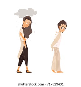 vector flat people suffering from mental illness set. Man anxious, walking in mental hospital uniform in depression fear, sad unhappy woman feel rain above her. Isolated illustration