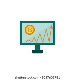 Vector flat personal computer desktop monitor with bitcoins graph, chart poster. Mining crypto virtual money advertising poster design element. Isolated illustration, white background