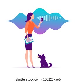 Vector flat personal online assistant illustration. Office girl with smartphone microphone dynamic icon, sound waves. UI, UX, mobile app, web site concept for voice recognition landing page design.