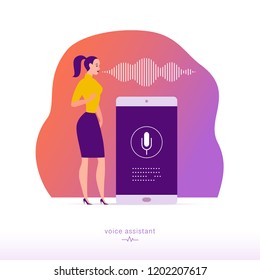 Vector flat personal online assistant illustration. Office girl with smartphone microphone dynamic icon, sound waves. UI, UX, mobile app, web site concept for voice recognition landing page design.