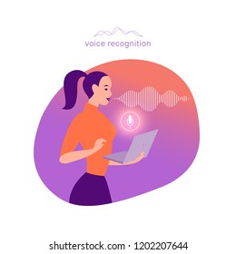 Vector flat personal online assistant illustration. Office girl with laptop microphone dynamic icon, sound waves. UI, UX, mobile app, web site concept for voice recognition landing page design.