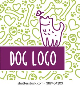 Vector flat pet. Dog, cat simple icon. Pet shop logo, animal goods store, shelter, pet food logo brand design. Pet center insignia. Kid shop logo. Seamless trace stamp pattern.