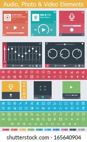 Vector flat photo, video and audio app UI elements and icon set