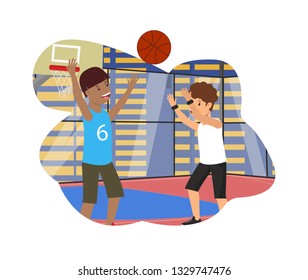 Vector Flat Physical Education Lesson Guys Playing Basketball. Kid Throws Ball in Basket Training School Classes. Team Game School Tournament Fenced Basketball Court in Park Fresh Air Active Life.