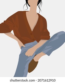 Vector flat picture of a girl in a brown cardigan. Lady in jeans and light mules. A girl in a modern outfit. Design for cards, posters, backgrounds, templates, textiles, banners, avatars.