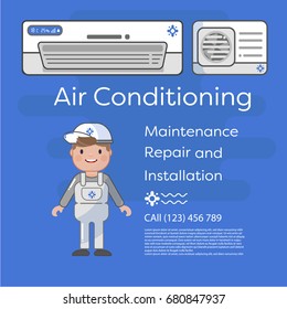 A vector flat picture specialists work with equipment. Installation or repair of air conditioner. Blue, beige and white colors