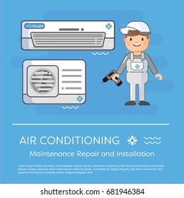 A vector flat picture specialists work with equipment. Installation or repair of air conditioner. Blue, beige and white colors