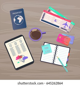 Vector flat pictures on the theme of travel , vacation, adventure. Objects on wooden background. Top view.