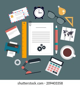 Vector flat pictures for web design. Office job(work) accessories on the table. Envelope, lamp, sheet of paper with a pen, printer, calculator, ruler, clock, cup, world map, coffee, cog, glasses, clip