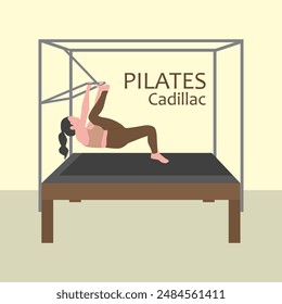 Vector plano mujer Pilates haciendo estiramientos en un cadillac pilates, icono mujer pilates