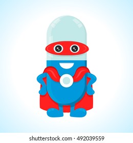Vector flat pill character super-hero cartoon illustration. Isolated on background. antibiotics, happy. care. capsule, mascots, face, tablet, drug, funny, health, healthcare