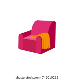 Vector Flat Pink Comfortable Armchair With Warm Orange Woolen Blanket Or Rug. Isolated Illustration On A White Background. Cozy Domestic Interior Design Element