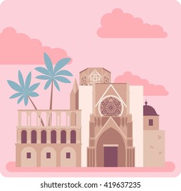 Vector flat pink illustration with spain landmarks. Travel theme.