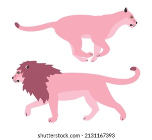 Vector flat pink lion and lioness isolated on white background