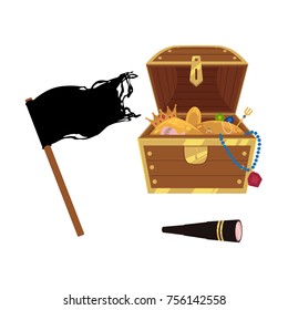 vector flat pirates symbols set icon. isolated iilustration on a white background. black ragged flag, opened treasure chest full of golden coins, gems and jewelry, spyglass sail telescope